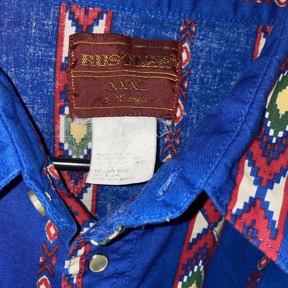 Vintage Rustler by Wrangler Brushpopper Pearl Snap Shirt Blue Aztec New 3XL XXXL - Picture 1 of 12